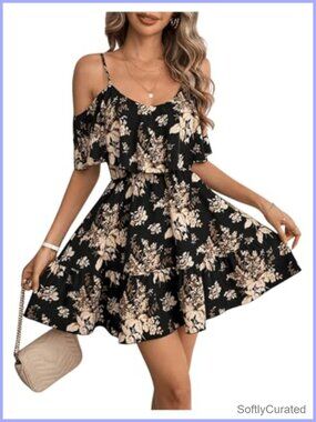 SOLY HUX Women's Floral Mini Dress Cold Shoulder Ruffle Summer